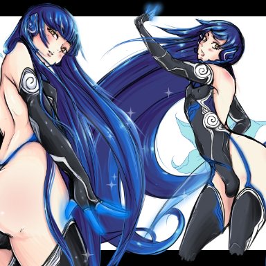 shin megami tensei, shin megami tensei v, zeus, 1boy, armor, ass, backless leotard, backless outfit, ball bulge, blue garter straps, blue hair, elbow gloves, femboy, garter straps, girly