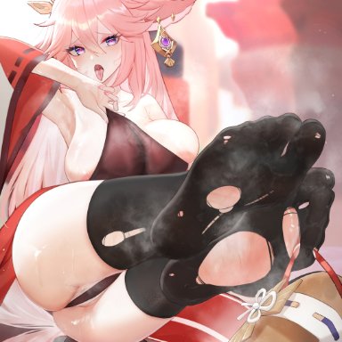 genshin impact, yae (genshin impact), feet, stockings, ursica, tagme