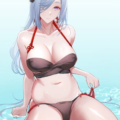 genshin impact, shenhe (genshin impact), shiro font, 1girls, bare shoulders, belly button, big breasts, bikini, bikini bottom, bikini top, black bikini, blue eyes, breasts, cleavage, collarbone