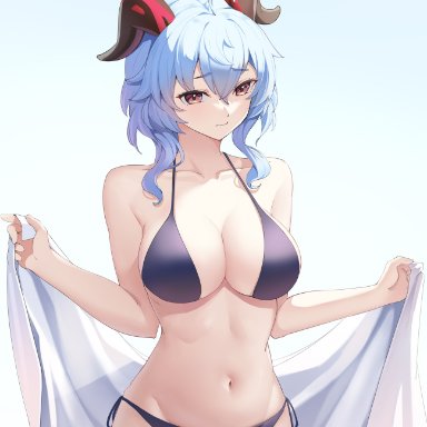 genshin impact, ganyu (genshin impact), amco, ahoge, bare shoulders, bikini, blue hair, breasts, brown eyes, cleavage, closed mouth, collarbone, cowboy shot, eyebrows visible through hair, female