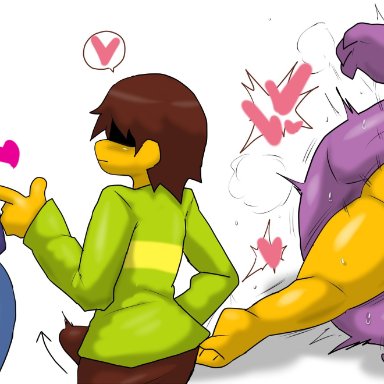 deltarune, undertale (series), kris (deltarune), susie (deltarune), enigi09, anthro, balls, blush, bodily fluids, brown hair, bulge, clothed, clothing, duo, female