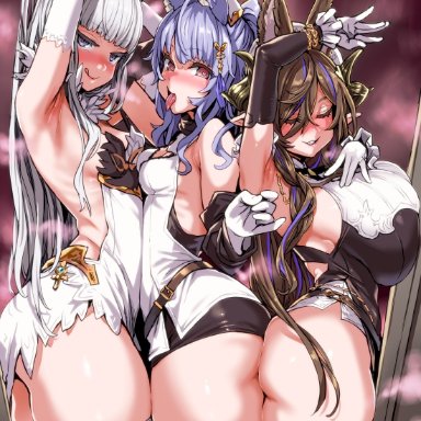 granblue fantasy, galleon (granblue fantasy), korwa, tikoh, asanagi, 3girls, animal ears, armpits, arms behind head, arms up, ass, ass-to-ass, back-to-back, backless outfit, bangs