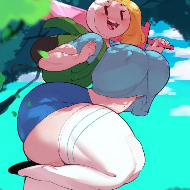 adventure time, fionna the human girl, bulumble-bee, ass, big ass, big butt, blonde hair, blush, breasts, large ass, looking at viewer, open mouth, outdoors, outside, solo