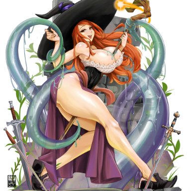 deviantart, dragon's crown, sorceress (dragon's crown), bayeuxman, 1female, 1girl, ass, ass cheeks, bangs, bare shoulders, between breasts, big breasts, black hat, black headwear, breasts