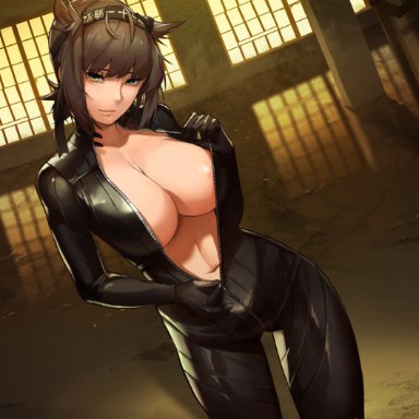 kantai collection, hatsuzuki (kantai collection), lynus, alternate breast size, alternate costume, bangs, black bodysuit, black gloves, blunt bangs, bodysuit, breasts, brown hair, center opening, cleavage, closed mouth