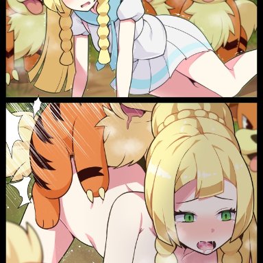 nintendo, pokemon, growlithe, pok&#233;mon (species), everyday2, blonde hair, blush, breasts, clothing, female, female penetrated, feral, feral penetrating, feral penetrating human, green eyes