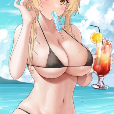 genshin impact, lumine (genshin impact), hyouuma, 1girls, abs, bangs, bare shoulders, beach, belly button, big breasts, bikini, bikini bottom, bikini top, black bikini, blonde