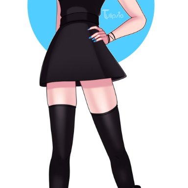 mario (series), nintendo, super mario galaxy, princess rosalina, tulipsie, 1girls, alternate costume, alternate hairstyle, aqua eyes, black dress, black footwear, black legwear, black lipstick, black thighhighs, blonde hair