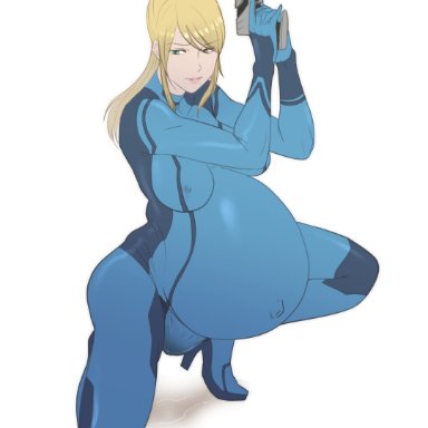 metroid, samus aran, zero suit samus, clone66, 1girls, amniotic fluid, big breasts, birth, blocked birth, breasts, female, female only, huge belly, labor, large breasts