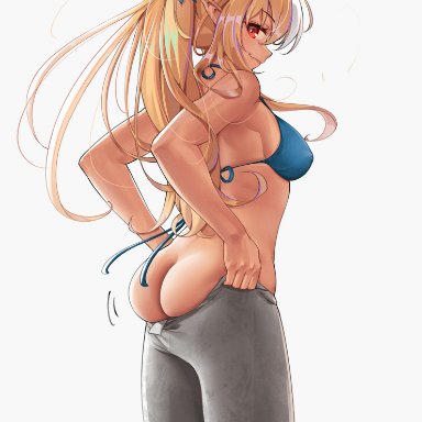 hololive, shiranui flare, greatodoggo, 1girls, ass, back view, bare ass, bikini, bikini top, blonde hair, blue bikini top, bubble butt, female, female only, grey pants