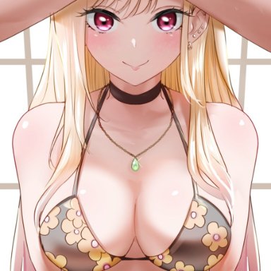 sono bisque doll wa koi wo suru, kitagawa marin, uenoryoma, 1girls, arms behind back, bikini, blonde hair, blush, breasts, choker, ear piercing, eye contact, female, flower pattern, gyaru