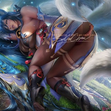 genshin impact, league of legends, riot games, ahri, ganyu (genshin impact) (cosplay), sakimichan, 1girls, ass, bending over, bent over, bikini top, black hair, bodystocking, breasts, cosplay