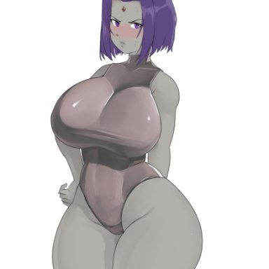 dc, dc comics, teen titans, raven, sivildreams, big breasts, blush, breasts, forehead jewel, hand on hip, looking at viewer, one-piece swimsuit, purple eyes, purple hair, short hair