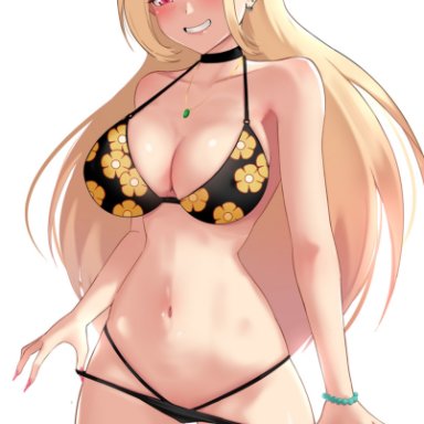 sono bisque doll wa koi wo suru, kitagawa marin, hioyami, 1girls, bikini, bikini bottom pull, black bikini, blonde hair, breasts, cleavage, ear piercing, female, female only, flower pattern, gyaru