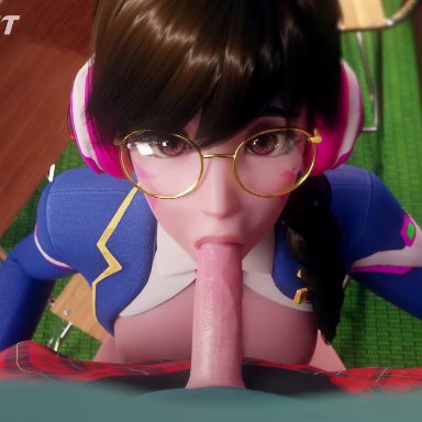 overwatch, academy d.va, d.va, texelnaut, 1boy, 1girls, asian, blowjob, brown hair, glasses, headphones, 3d, animated, no sound, tagme