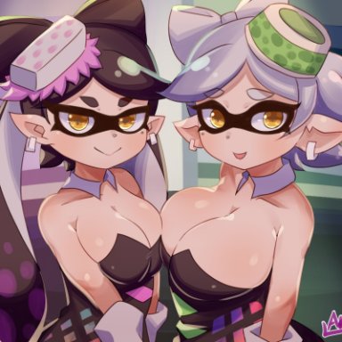 nintendo, splatoon, splatoon (series), callie (splatoon), marie (splatoon), arumo, 2girls, asymmetrical docking, bare shoulders, big breasts, black hair, breast press, breast size difference, breast to breast, breasts