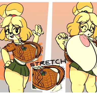 animal crossing, nintendo, isabelle (animal crossing), rymogrime, 1girls, anthro, breast expansion, female, female only, furry, glasses, huge breasts, hyper, hyper breasts, massive breasts