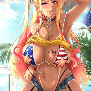 super robot wars, super robot wars x-omega, shatte judevesten, zerogura, accessory tan, adjusting hair, american flag, american flag bikini, american flag legwear, american flag print, areolae, armpits, ass visible through thighs, bikini, bikini under clothes