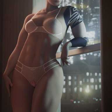 blizzard entertainment, overwatch, zarya, fugtrup, 1girls, abs, bare shoulders, belly, bikini, bra, breasts, city, cleavage, detailed background, feet out of frame