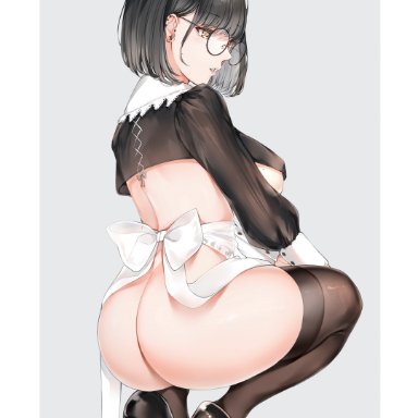 original, yukineko1018, 1girls, apron, ass, back, bangs, black eyes, black footwear, black hair, black legwear, blush, bob cut, bow, breasts