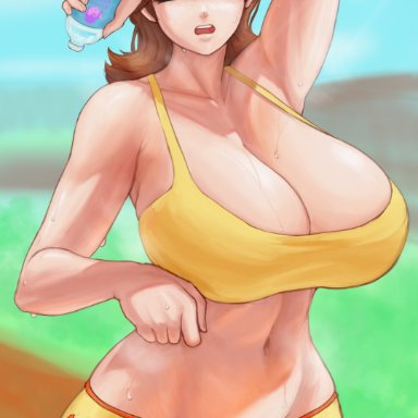 mario (series), nintendo, super mario bros., princess daisy, superbusty, 1girls, breasts, brown hair, cleavage, collar, collarbone, curvaceous, curvy, curvy figure, eyes closed