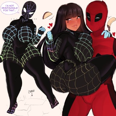 marvel, deadpool, sona (cinnabus), spider-man (cosplay), wade wilson, cinnabus, 1boy, 1girls, ass, bangs, big breasts, black eyes, black hair, blunt bangs, blush