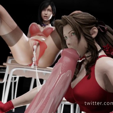 final fantasy, final fantasy vii, aerith gainsborough, tifa lockhart, wildangel3d, 1boy, 2girls, cum, deepthroat, huge cock, oral, sex, 3d, animated, sound