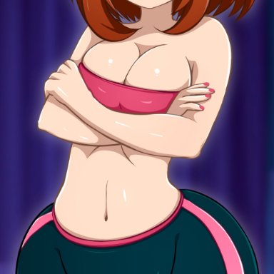 my hero academia, ochako uraraka, zonen404, brown hair, female, female focus, looking at viewer, pouting, stomach, thighs, artist name, highres, watermark, web address