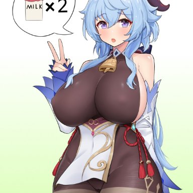 genshin impact, ganyu (genshin impact), kangmi carrot, 1girls, ahoge, bare shoulders, bell, black bodysuit, blue hair, bodysuit, bottle, bow, breasts, covered nipples, cowbell