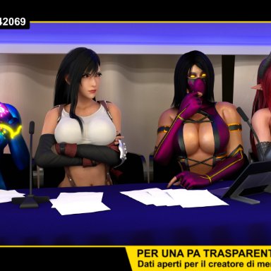 final fantasy, metroid, mortal kombat, mileena, samus aran, sinia, tifa lockhart, 4girls, angry, bikini, bodysuit, breasts, choker, cleavage, curious