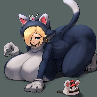 mario (series), super mario 3d world, super mario odyssey, cappy (mario), cat rosalina, mario, princess rosalina, gipehtyboon, yboon, cat ears, cat suit, feline, holding breast, huge ass, huge breasts