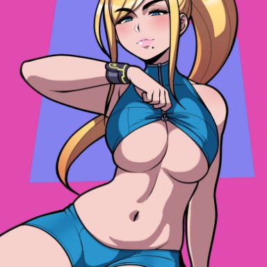 metroid, samus aran, jam-orbital, 1girls, beauty mark, big breasts, big lips, bimbo, blonde, blonde hair, blue eyes, breasts, cleavage, female, female focus