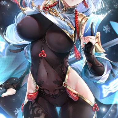 genshin impact, shenhe (genshin impact), rei kun, 1girls, abs, belly button, big breasts, black bodysuit, blue eyes, blush, bodysuit, breasts, bulge, clothed, clothing