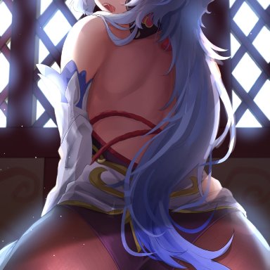 genshin impact, ganyu (genshin impact), ass, az nyam, back, bare shoulders, big ass, blue hair, blush, bow, female, from behind, hairbow, half-closed eyes, horns