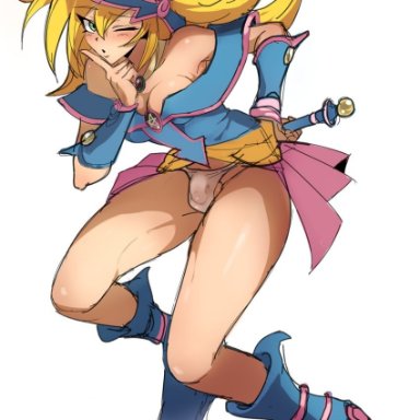 yu-gi-oh!, dark magician girl, a go, 1futa, ;o, bare shoulders, blonde hair, blowing kiss, blue headwear, breasts, bulge, cleavage, clothed, clothing, covered penis
