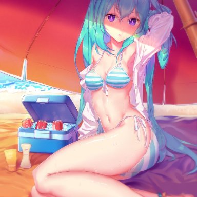 vocaloid, hatsune miku, violet eyes, white shirt, striped bikini, beach, white skin, blue hair