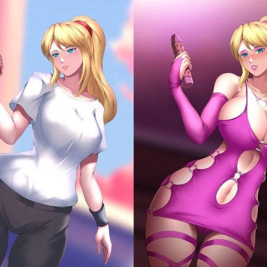 metroid, nintendo, samus aran, haryudanto, before and after, bimbo, bimbofication, blonde hair, blue eyes, bodycon, bridal gauntlets, cleavage, dildo, elbow gloves, eyeshadow