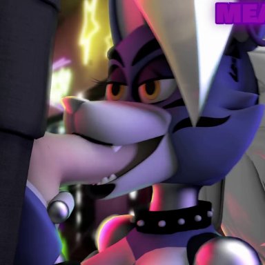 five nights at freddy's, roxanne wolf (fnaf), meatroza, 1boy, 1girls, animatronic, athletic female, blowjob, human, human penetrating, looking at viewer, robot, robot girl, wink, wolf
