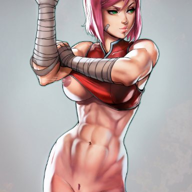 naruto, naruto (series), sakura haruno, ag-edits, dandon fuga, 1girls, abs, areolae, bandaged arm, bandages, bandaid, bare shoulders, bottomless, breast slip, breasts