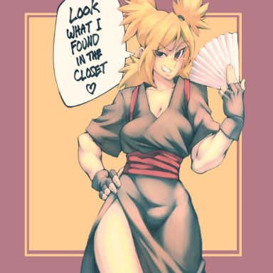 boruto: naruto next generations, naruto, naruto (series), temari, noodlenood, 1girls, alternate costume, bare legs, blonde hair, bottomless, breasts, cleavage, fan, female, female only