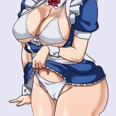 dragon ball, shounen jump, android 18, pinkpawg, blonde hair, blue skirt, blush, clothing aside, huge ass, huge breasts, looking away, maid, maid headdress, maid uniform, miniskirt