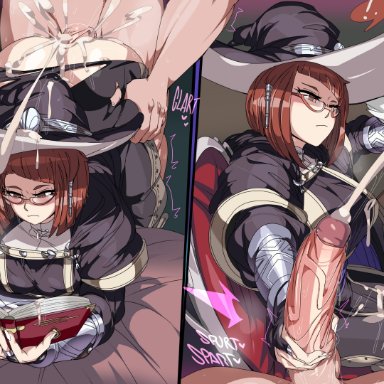 fire emblem, fire emblem: awakening, nintendo, miriel (fire emblem), captain kirb, 1girls, ass, bangs, bent over, book, busy, cum, cum inside, cum on body, cum on breasts