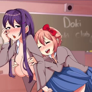 doki doki literature club, yuri (doki doki literature club), bigdarkpp, &lt;1 second video, 2girls, big boobs, big breasts, blue skirt, boobs, breast fondling, breast grab, breast hold, breast squeeze, breasts, classroom