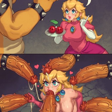 mario (series), nintendo, super mario 3d world, bowser, princess peach, rizdraws, 1girls, 6boys, areolae, barbed penis, blonde hair, blowjob, blue eyes, breasts, clone