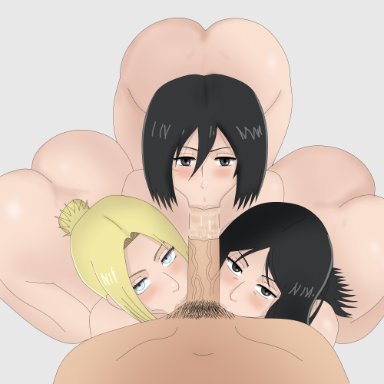 attack on titan, shingeki no kyojin, annie leonhardt, mikasa ackerman, pieck finger, mattez , 3girls, ball sucking, big ass, big butt, big penis, black hair, blonde hair, blowjob, blowjob face