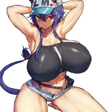 arknights, ch'en (arknights), ch'en the holungday (arknights), melon22, alternate breast size, alternate costume, armpits, arms behind head, arms up, baseball cap, big breasts, blue hair, dragon girl, dragon horns, dragon tail