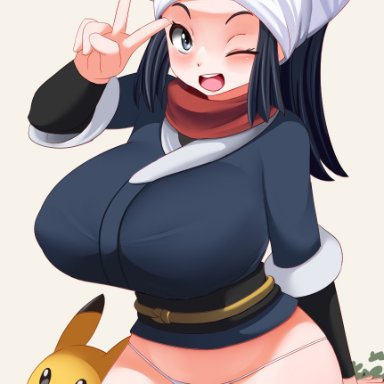 nintendo, pokemon, pokemon legends: arceus, akari (pokemon), pikachu, pokemon (creature), tiger1001, 1girls, alternate breast size, blue eyes, blue hair, blush, breasts, clothed, clothed female