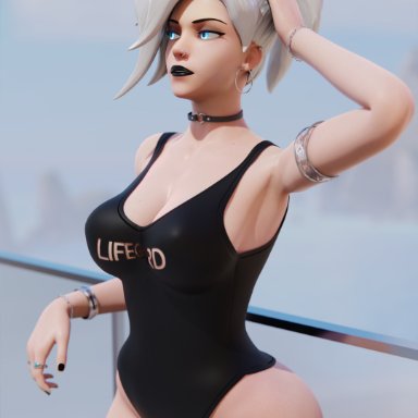 overwatch, mercy, gladionanimated, 1girls, alternate costume, big breasts, black lipstick, blue eyes, choker, curvy, earrings, glowing eyes, goth, hand on head, jewelry