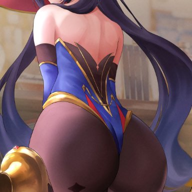 genshin impact, mona (genshin impact), dstwins97, 1girls, ass, back view, big ass, big butt, blue eyes, blush, butt, earrings, female, female only, hat