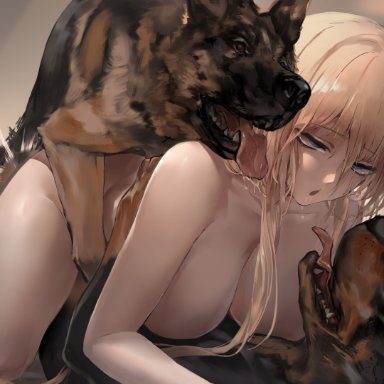 azur lane, bismarck (azur lane), polki, 2dogs, all fours, blonde hair, blue eyes, breasts, canine, closed eyes, double penetration, female, long hair, looking pleasured, mmf threesome